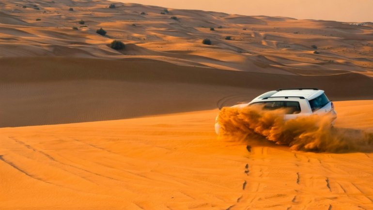 Thrilling Dubai desert safari adventure featuring a 4x4 vehicle navigating golden sand dunes at sunset, showcasing the iconic dune bashing experience and the majestic beauty of the Arabian desert for an unforgettable cultural tour.