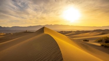Vibrant desert sunrise over endless sand dunes, showcasing the serene beauty of a desert awakenings tour.