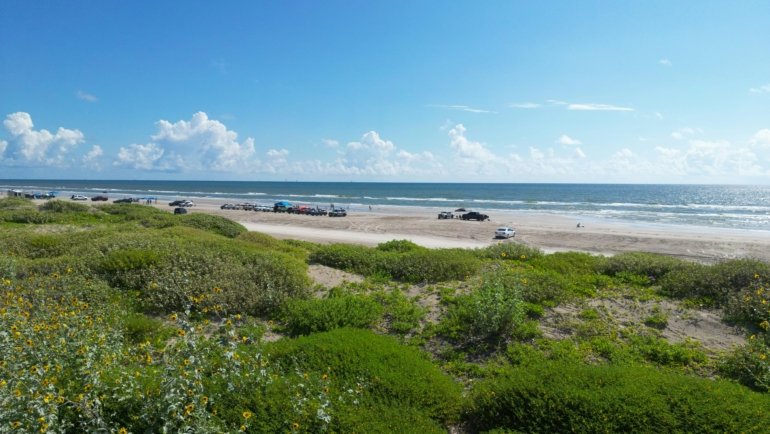 A wide, sandy expanse, one of the many nice beaches in Texas, with grassy sand dunes leading to the calm blue-green waters of the Gulf of Mexico under a clear sunny sky.