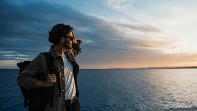 A young traveler with a backpack looks out over a scenic mountain vista, an example of an affordable and authentic experience made possible by budget travel strategies.