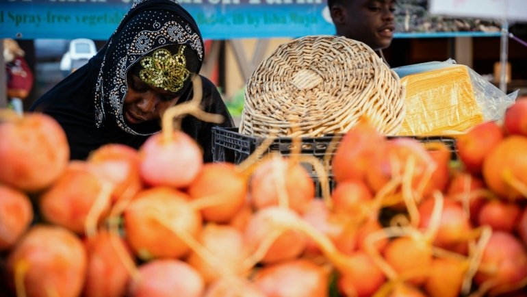 Vibrant outdoor scene at the Travelers Rest Farmers Market in South Carolina, showcasing local vendors and diverse shoppers amidst colorful stalls of fresh produce, artisanal crafts, baked goods, and community products.