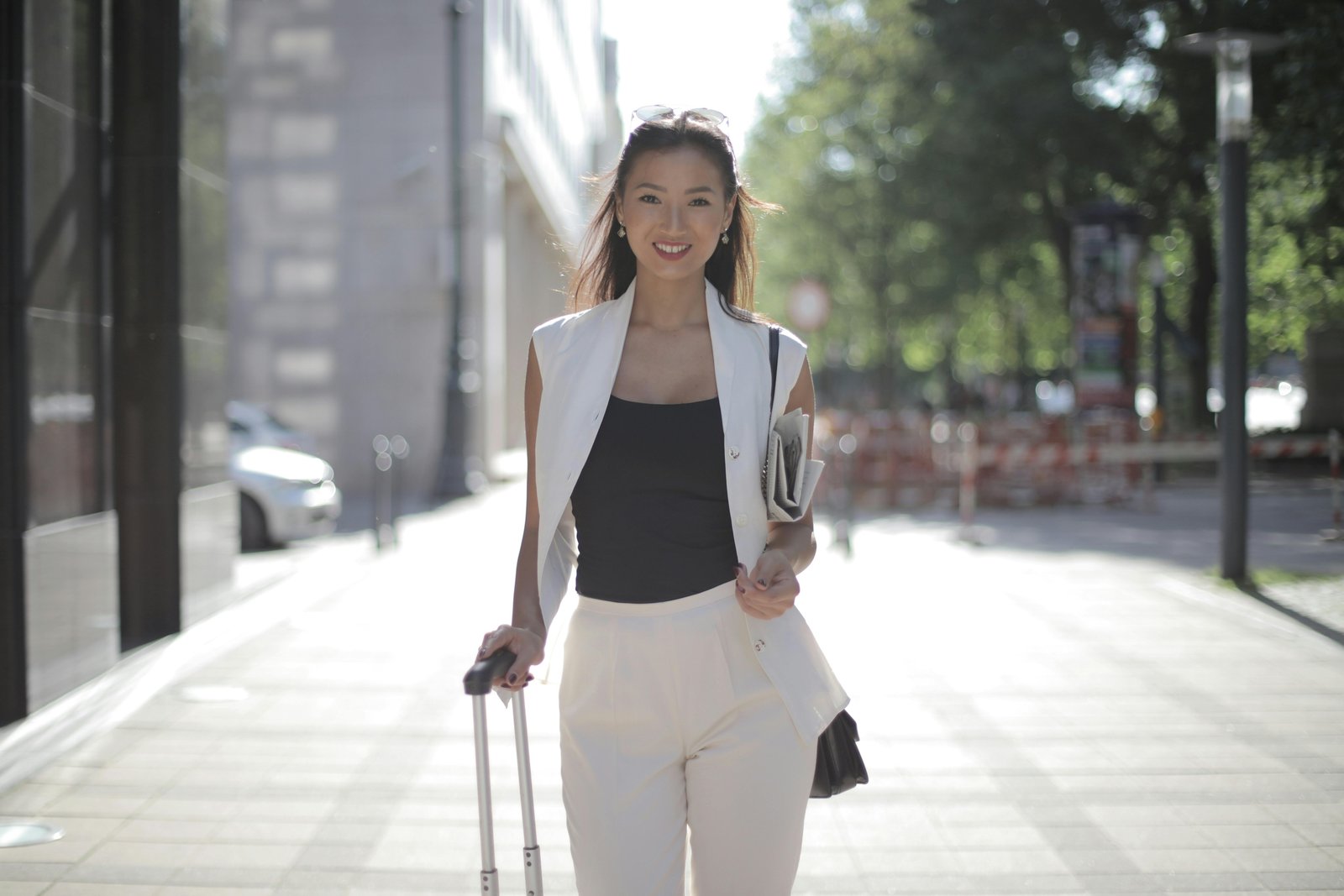 Traveling Certified Nursing Assistant (CNA) confidently exploring a vibrant city, highlighting the career's unique blend of healthcare and adventure.