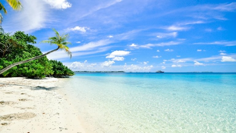 Idyllic tropical travel destination featuring a pristine white-sand beach, clear turquoise waters, and swaying palm trees, perfect for a luxury dream vacation in 2025.