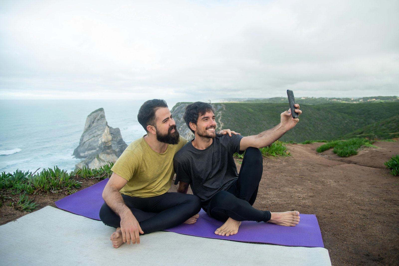 Two sisters, 'Wellness Wanderers', joyfully embodying healthy travel, fitness, and wellness, perhaps doing yoga or hiking in a beautiful destination, inspiring a balanced lifestyle on the go.