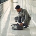 Man carefully folding a suit into a carry-on luggage or using a garment bag, ensuring a wrinkle-free professional appearance for business travel or a special event.