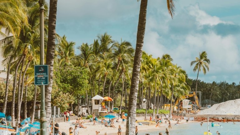 Pristine tropical beach with turquoise waters and palm trees, representing an ideal passport-free travel destination for US citizens to enjoy a relaxing vacation in US territories or on closed-loop cruises.
