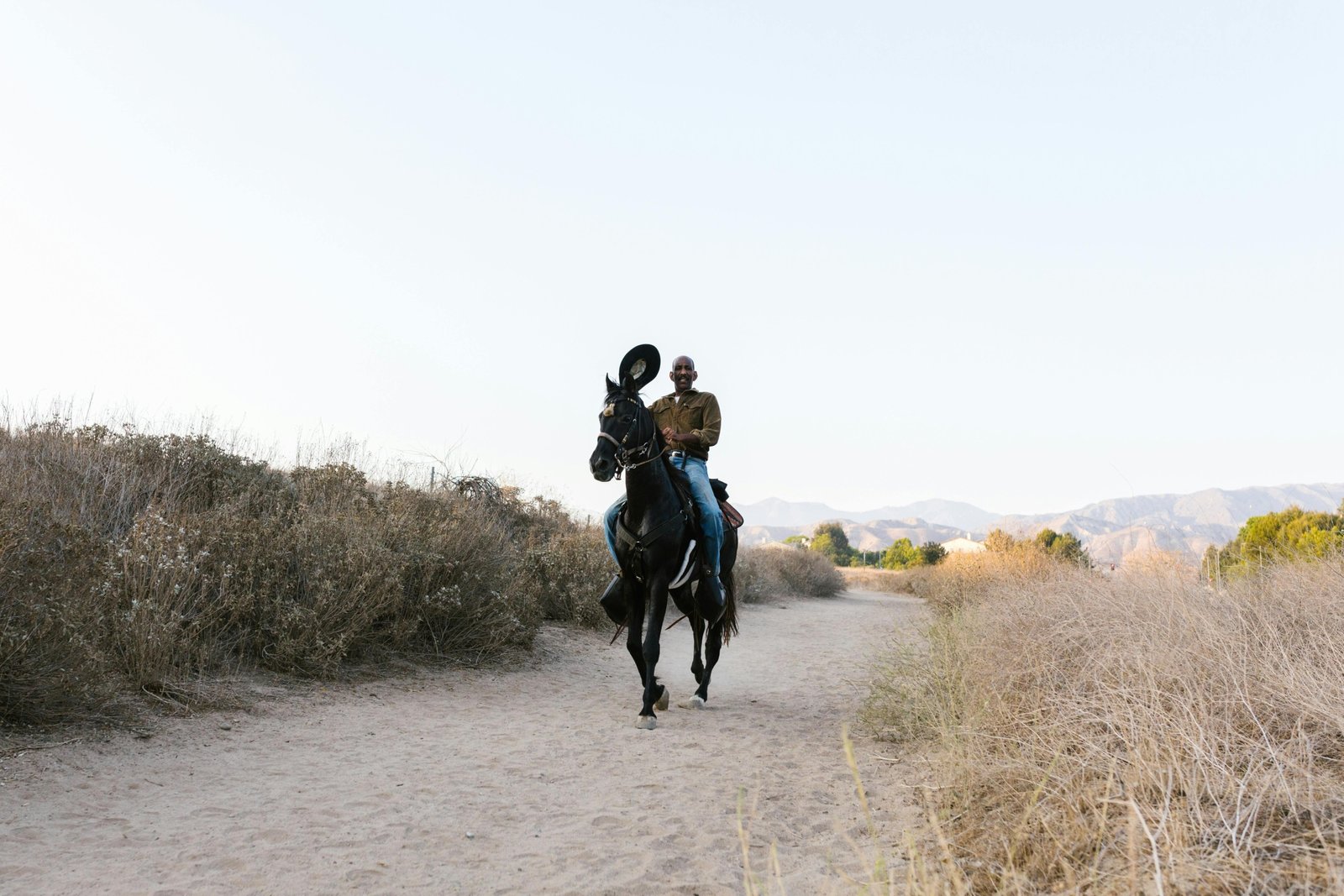 A rider on a well-conditioned horse traveling along a scenic trail, illustrating realistic daily distances for responsible horseback journeys and horse welfare.