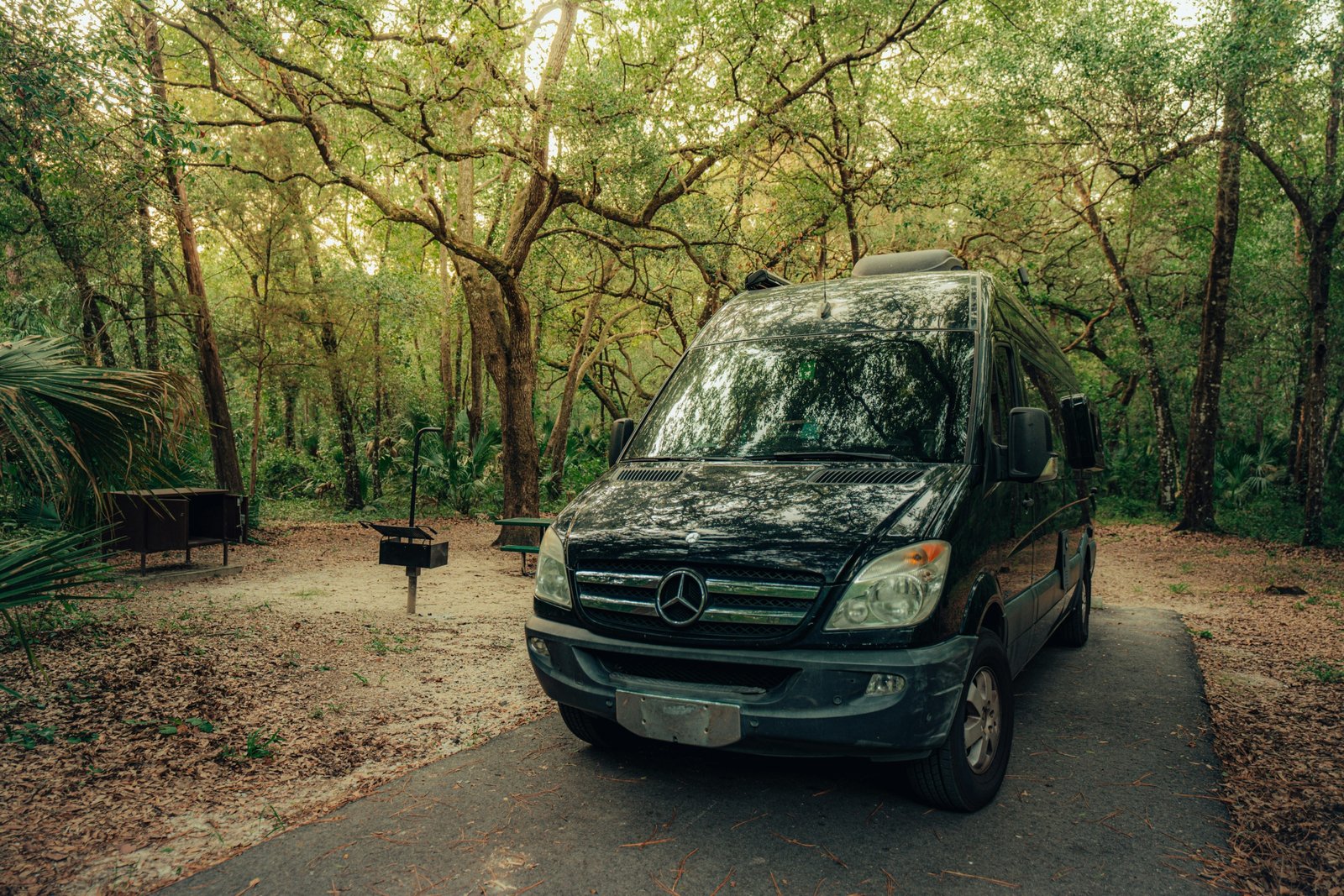 A modern Mercedes-Benz Sprinter travel van, perfect for van life and camper conversions, parked in a scenic mountain landscape, symbolizing freedom, adventure, and luxurious road trips.