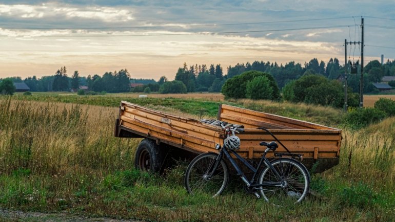 Travel trailer with mounted bike rack carrying bikes, parked in nature for outdoor adventure