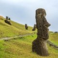 Panoramic view of Easter Island moai statues with volcanic landscape and clear sky