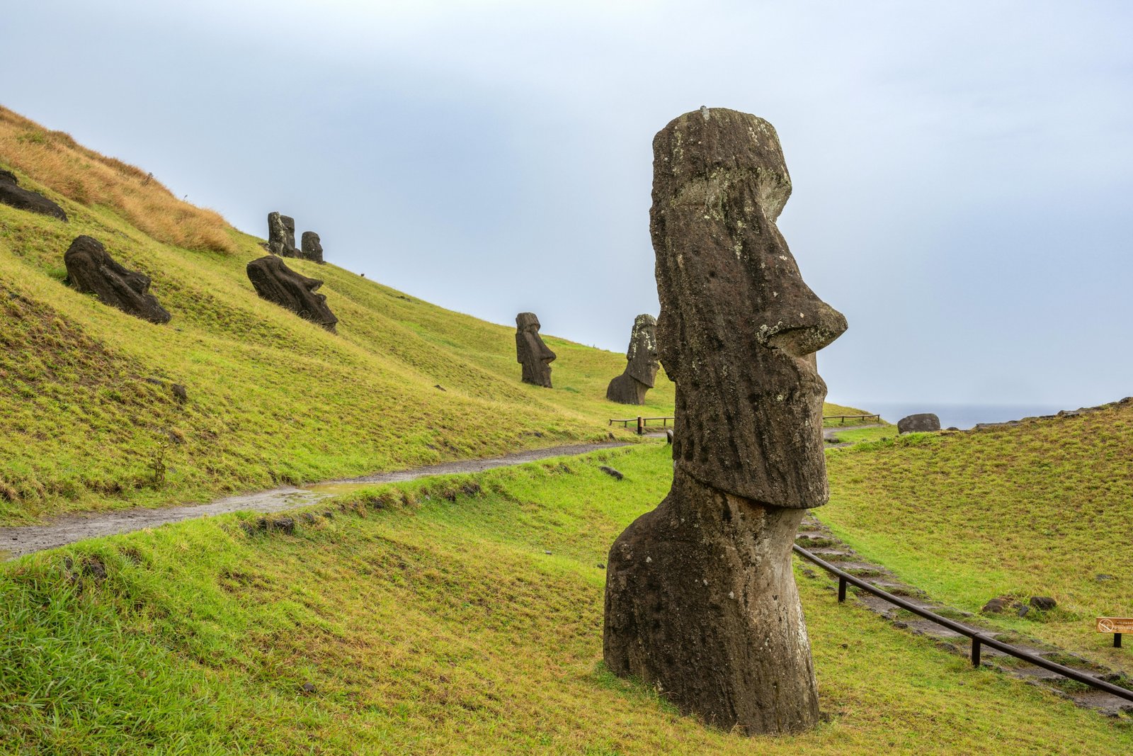 Panoramic view of Easter Island moai statues with volcanic landscape and clear sky