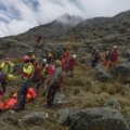 Mountain rescue team assisting injured skier during winter sports trip