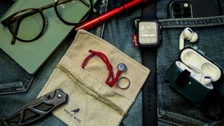 Stylish men's travel pouch with organized essentials including passport, smartphone, and wallet for secure and efficient travel