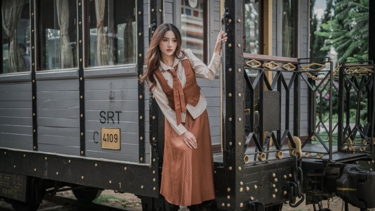 Vintage style photo of a woman traveling in Asia with nostalgic 1970s vibe, representing classic adult film travel themes