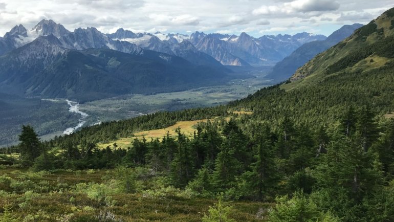 Travel nurse enjoying Alaska wilderness with mountains and forests in the background