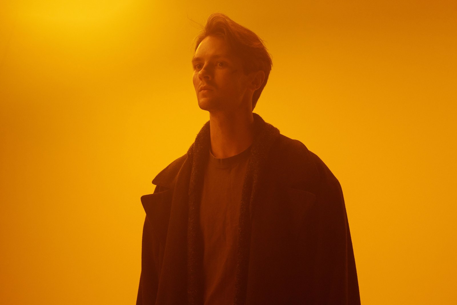 Lonely character trapped in a futuristic city representing time travel and fate as an unlucky NPC