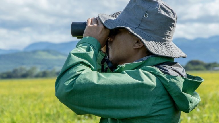 Traveler looking through compact travel binoculars in a natural setting, enjoying clear and detailed views of wildlife and scenery