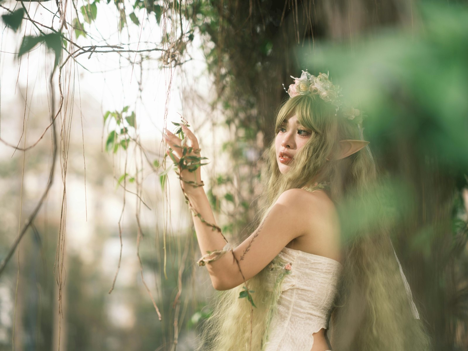 Fantasy female traveler using green dendro elemental magic in a lush magical forest