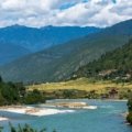 Springtime Himalayan landscape in Bhutan with blooming rhododendrons and clear mountain views