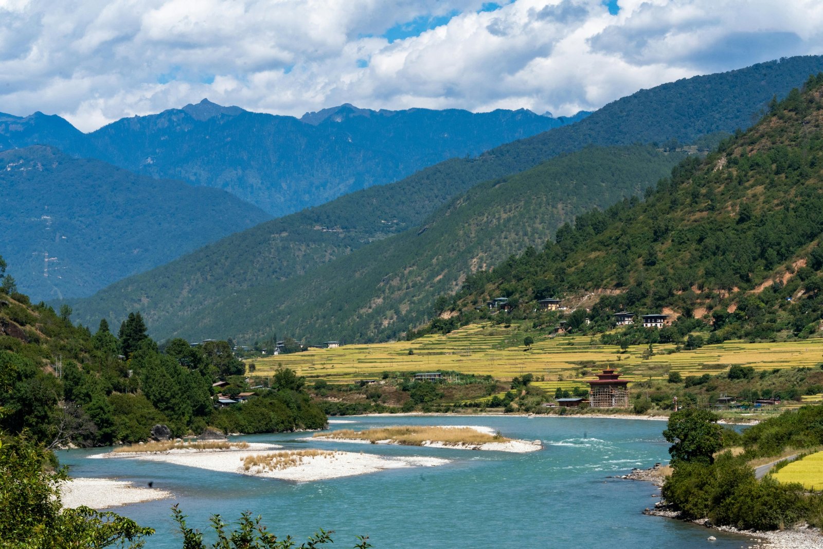 Springtime Himalayan landscape in Bhutan with blooming rhododendrons and clear mountain views