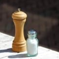 Compact travel salt and pepper shakers used outdoors during a camping meal for easy seasoning on the go