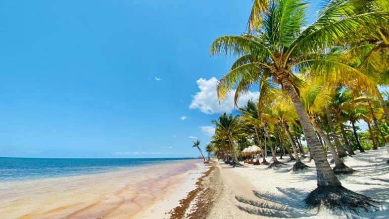 Sunny Belize beach in March with clear skies and turquoise waters ideal for snorkeling and outdoor activities