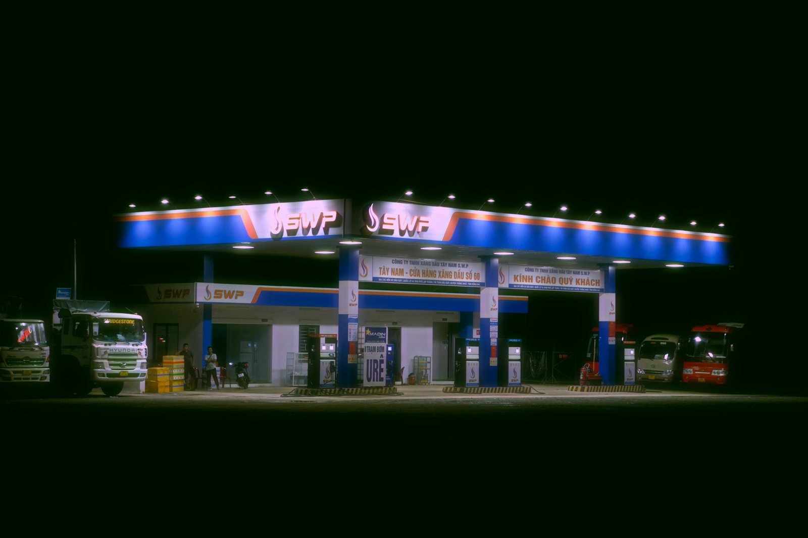 Ernie Pyle Travel Plaza highway rest stop with fuel station and parking area for travelers