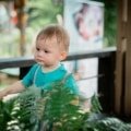 Toddler playing safely in a portable travel playpen outdoors during family trip