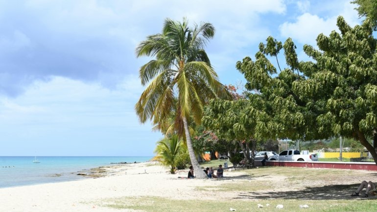 Sunny tropical beach in St Maarten with clear blue skies and turquoise waters during peak travel season