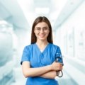 Travel nurse working in a bright California hospital, representing career growth and adventure in nursing