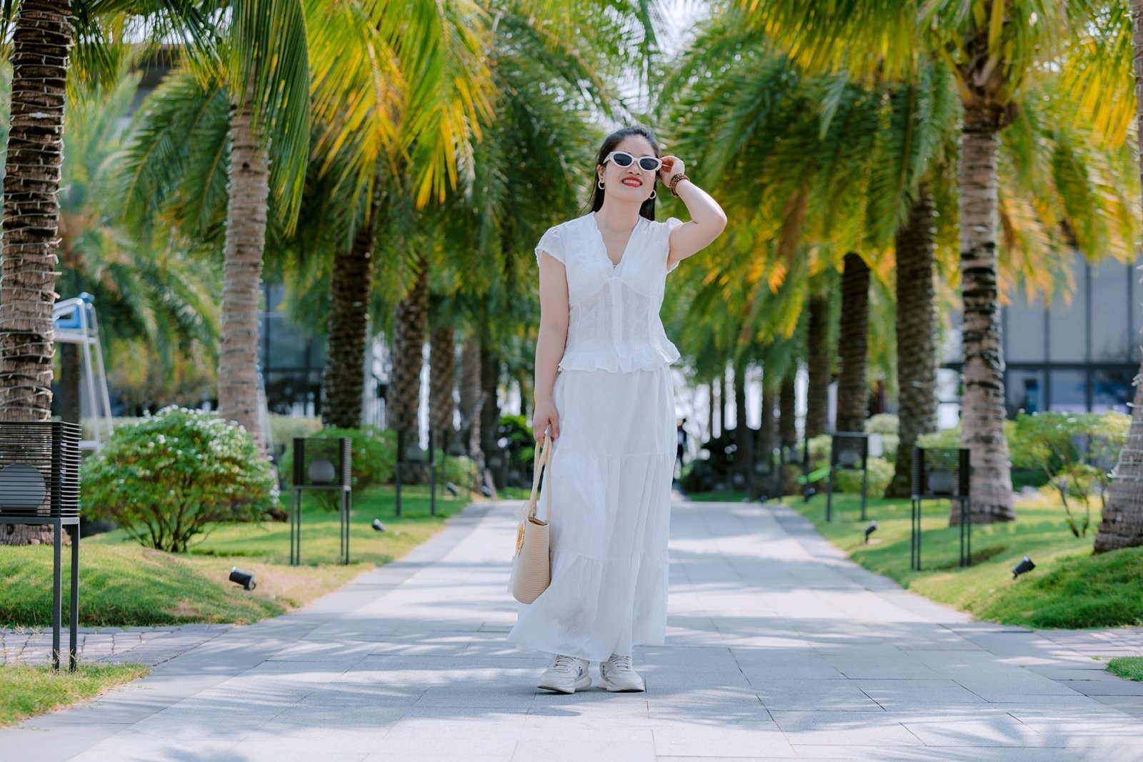 Traveler in lightweight summer outfit enjoying outdoor summer travel with comfortable clothing and sun protection