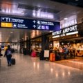 O'Hare Oasis Travel Plaza modern rest area with travelers dining and relaxing near Chicago airport