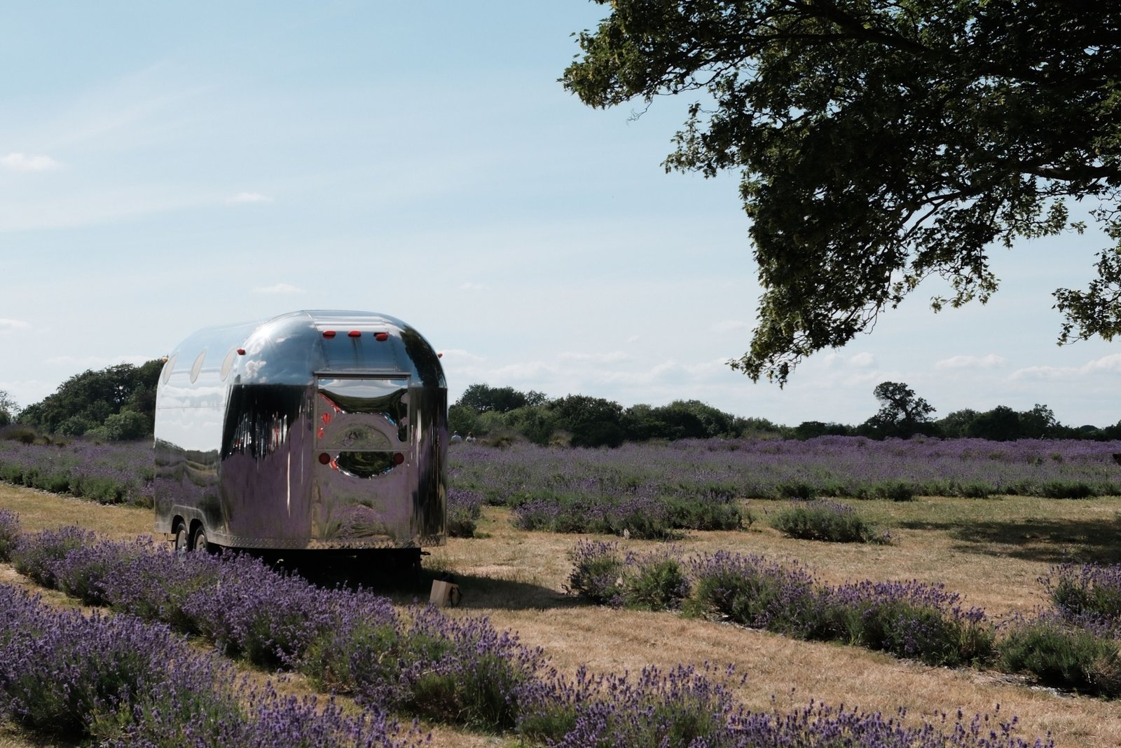 Airstream travel trailer parked outdoors during a road trip, showcasing classic aluminum design and outdoor adventure lifestyle