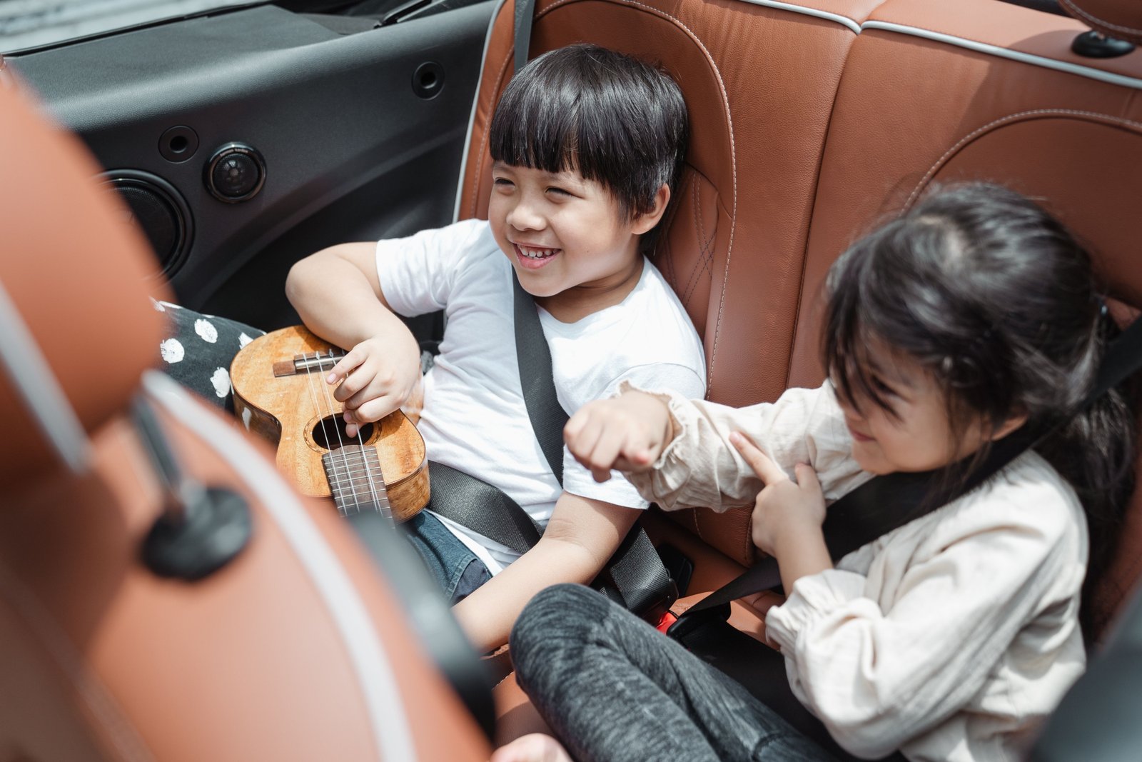 Family car interior equipped with travel accessories including seat cushions, phone mounts, organizers, and safety gear during a road trip
