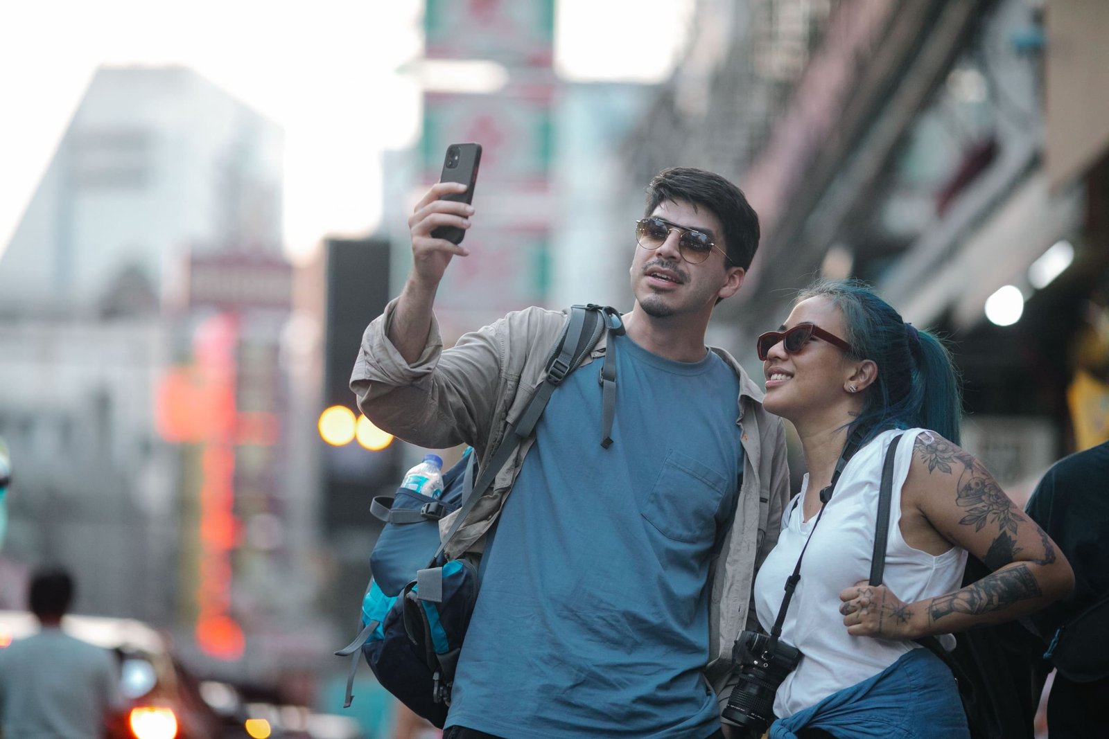 Traveler confidently using smartphone abroad with travel insurance assistance for safety and emergency support