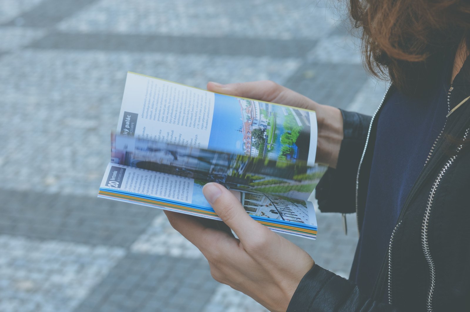 Traveler holding a Maine travel guide book with scenic coastal and forest landscape in the background