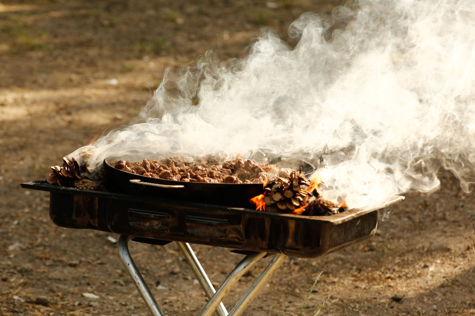 Portable travel smoker cooking outdoors during a camping trip, showcasing convenience and smoky flavors on the go