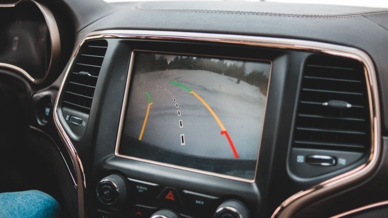 Rear view camera installed on a travel trailer showing clear image for safe reversing and parking