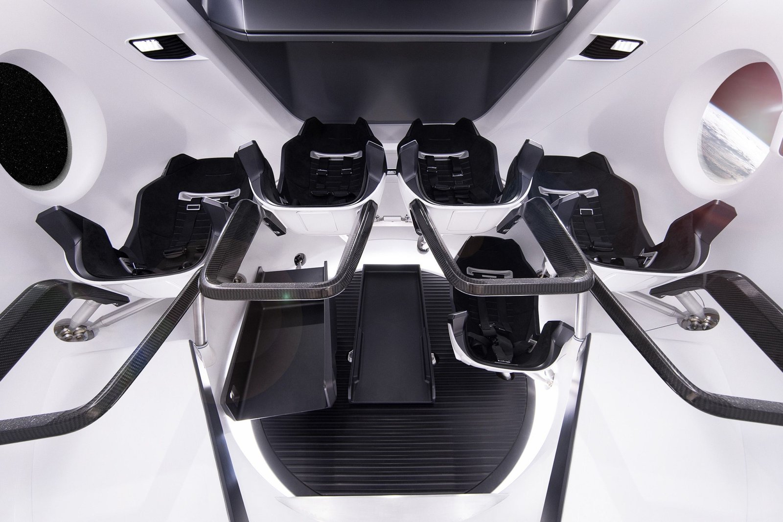 Interior of a luxury spacecraft cabin with panoramic views of Earth orbit for commercial space tourism