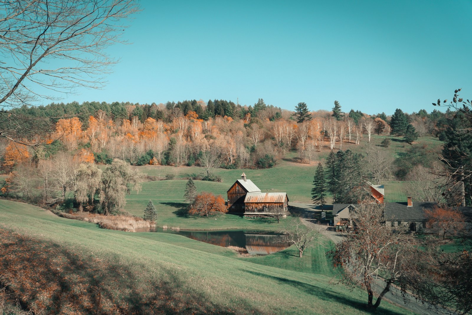 Scenic Vermont autumn landscape with colorful fall foliage and mountains during Columbus Day weekend
