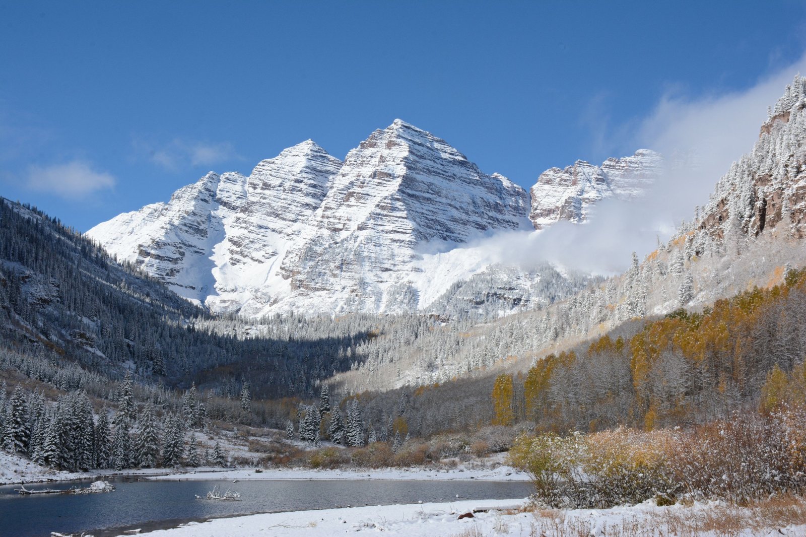 Scenic Aspen mountain landscape with snowy peaks and lush green trails representing winter and summer activities