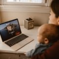 Traveler having a video call with family while feeling homesick and missing loved ones during a journey