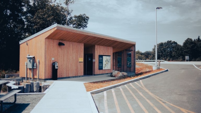 Gene Stratton Porter Travel Plaza rest stop with fuel station and picnic areas surrounded by Indiana nature