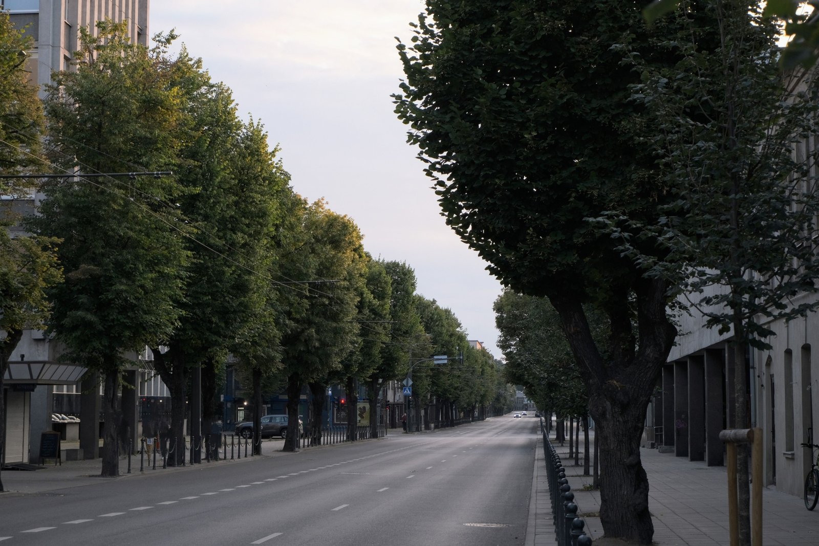 Calm and safe European city street with clean surroundings and happy tourists enjoying peaceful travel