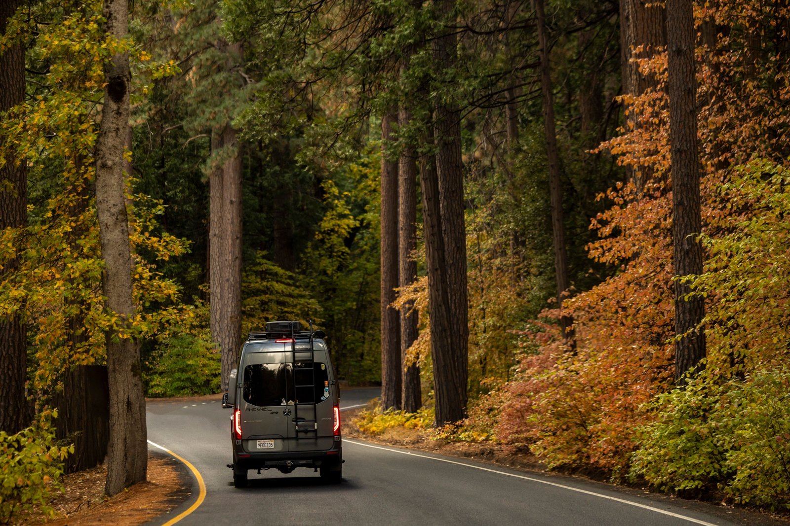 A motorhome driving on a scenic road surrounded by nature, symbolizing freedom and comfortable travel adventures