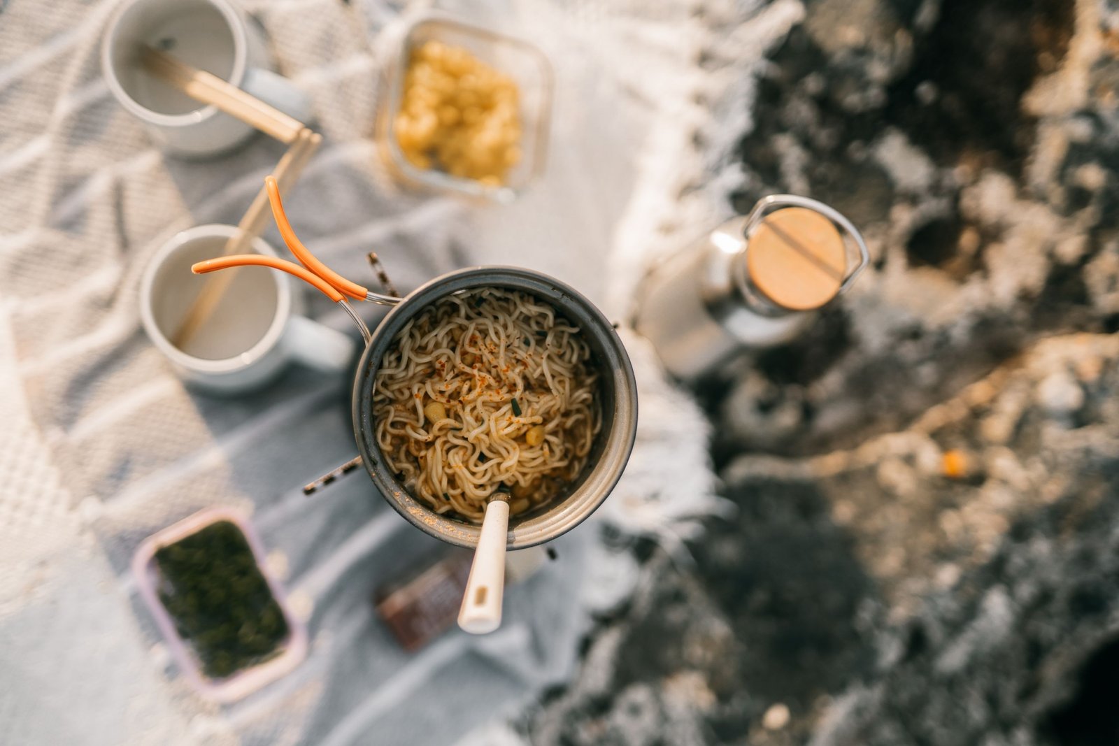 Portable travel spice containers with fresh ingredients and camping cooking setup for flavorful meals on the go